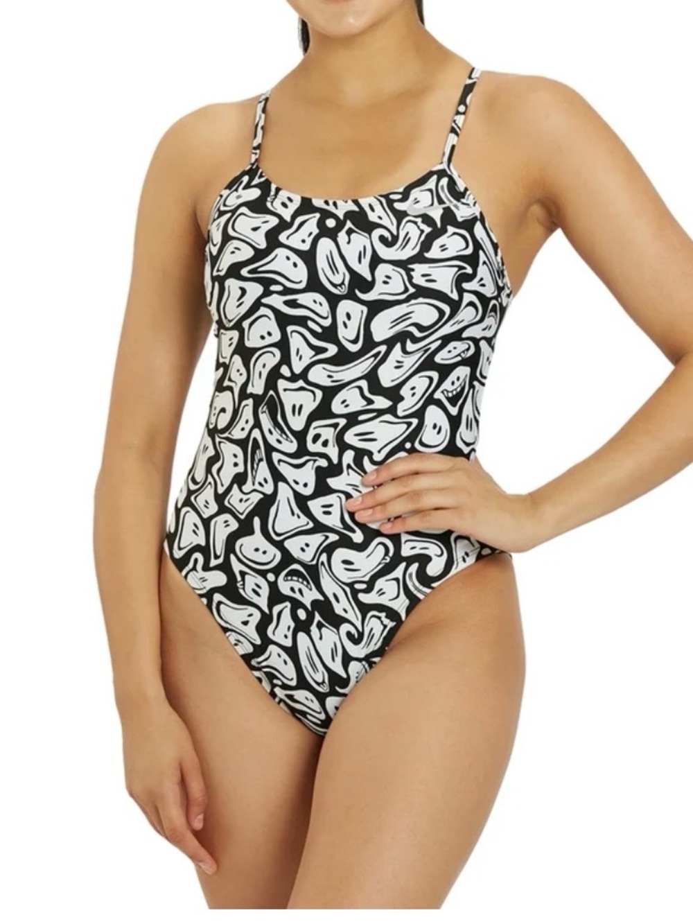 Nike HydraStrong Multi Print Cut Out One Piece Swimsuit white & black